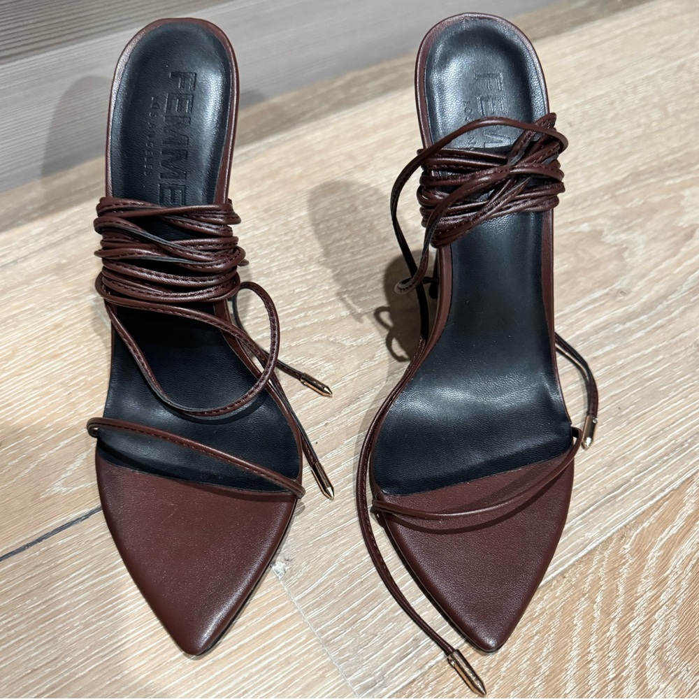 FEMME LA Brown Strappy Pointed Toe Heels
